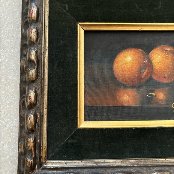 Original Painting Fruit Orange Dark Green Distressed Vintage Styled Mat Frame - Picture 5 of 13